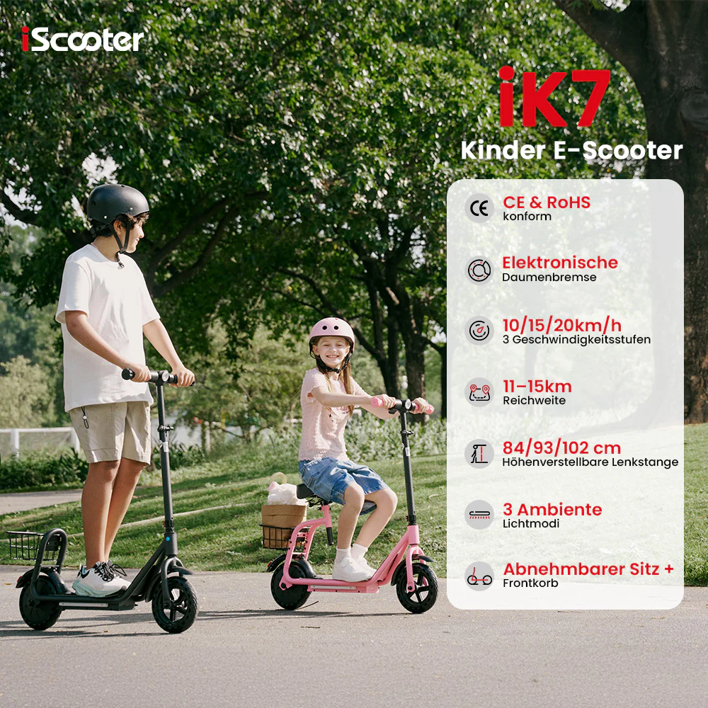 iScooter iK7 2-in-1 Kinder E-Scooter mit abnehmbarem Sitz & Korb - Image 7